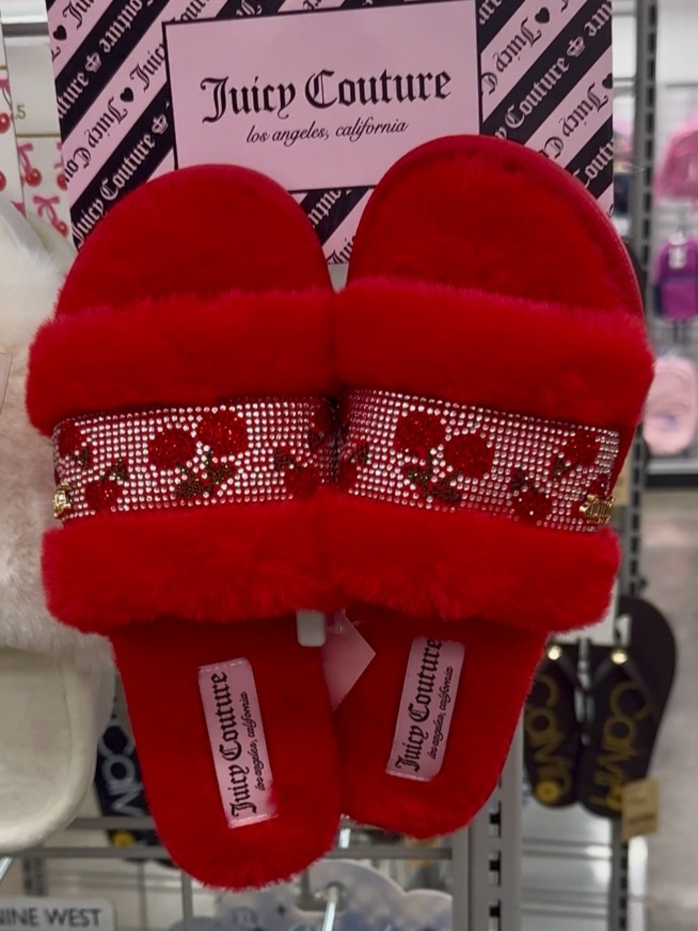 Juicy Couture GOJI Red Cherry Slippers Slides Rhinestones Furry Bling M 6.5-7.5